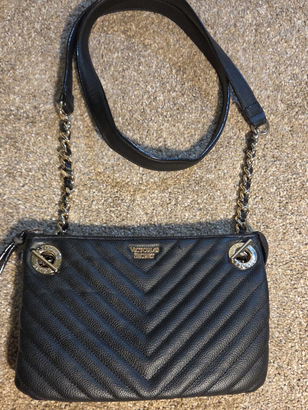 Victoria's Secret Black Quilted Crossbody with Gold Chain Trim